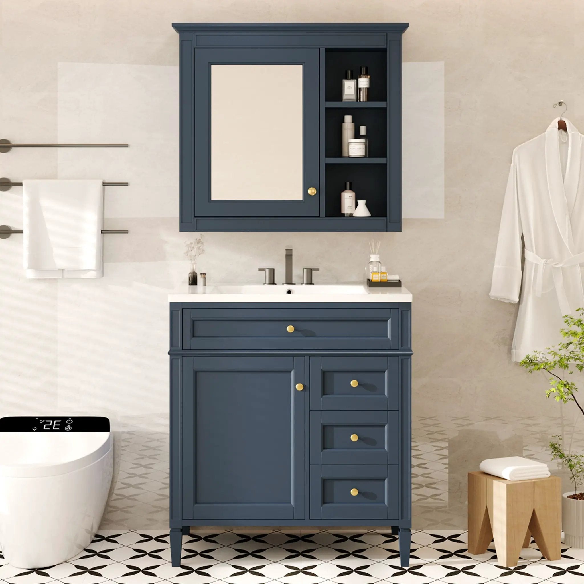 Bathroom Vanity With Top Sink, 2 Doors And 3 Drawers, Freestanding Set With Mirror Cabinet by Unique Piece Furniture
