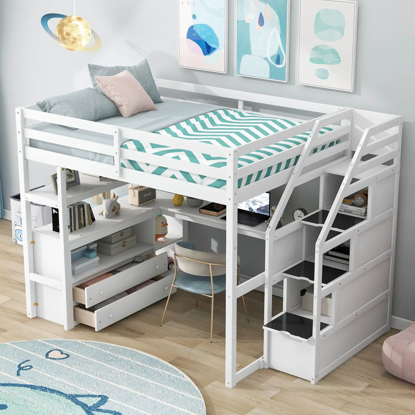 Loft Bed With Desk, Shelves, 2 Drawers, Storage Staircase by Unique Piece Furniture