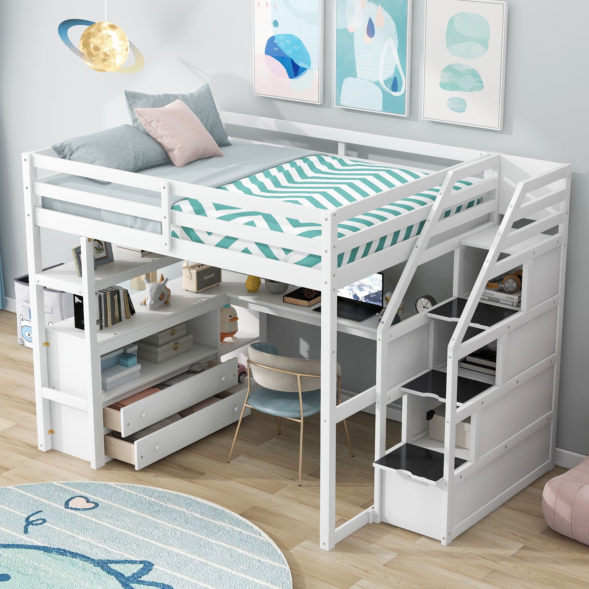 Loft Bed With Desk, Shelves, 2 Drawers, Storage Staircase by HouseOfZazla