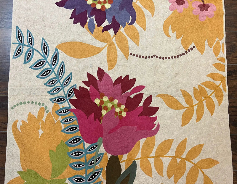 Indian Chain Stitched Rug 4x6, Hand Stitched Indian Embroidery Carpet, Large Floral Design, Contemporary, Cream and Colorful Flowers, Wool by Jewel Rugs