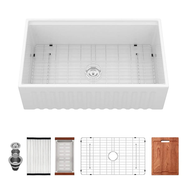 Porcelain Ceramic Farmhouse Sink Workstation With Reversible Apron Design - Single Bowl