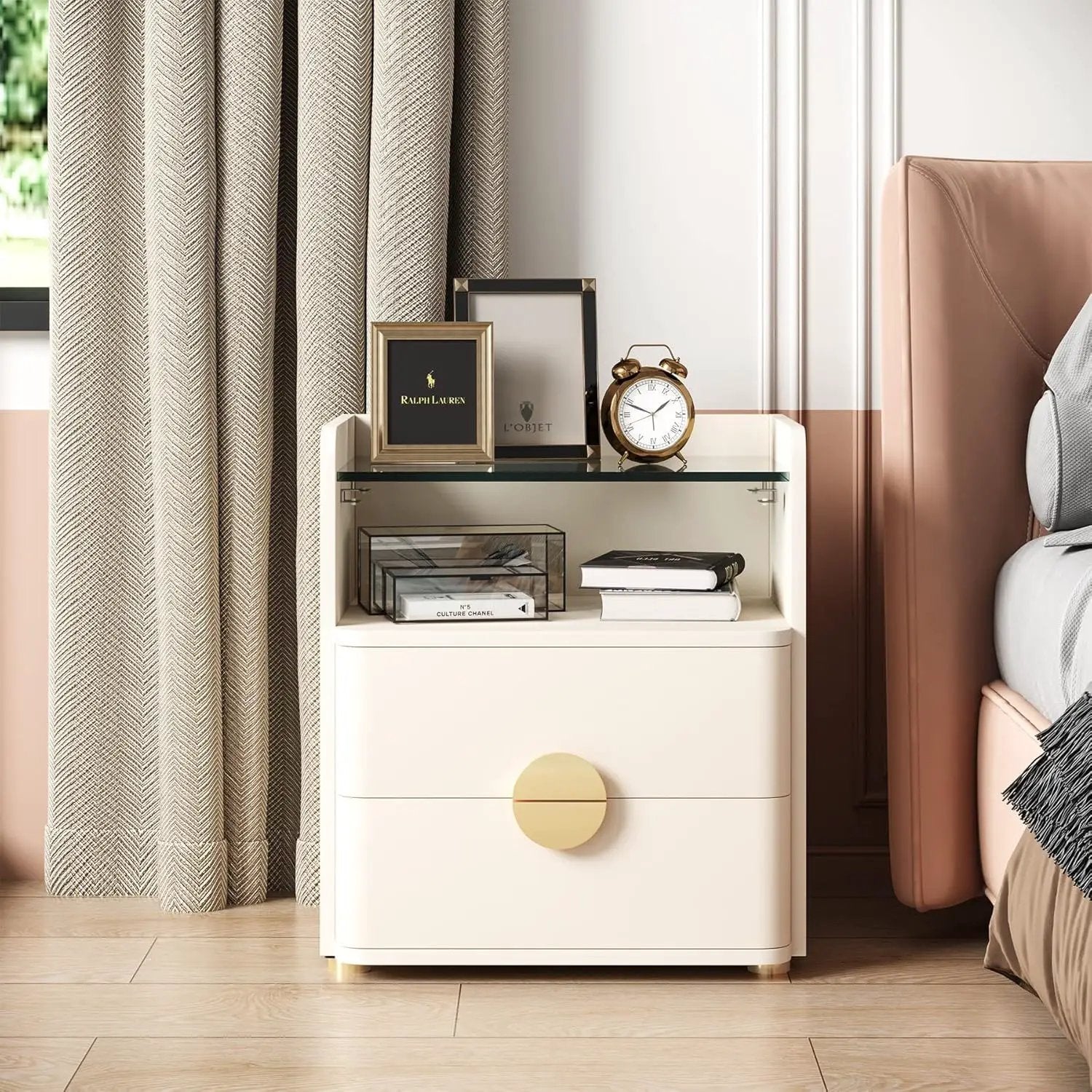 2 Drawer Nightstand With Open Shelf, Bedside Table - Beige by HouseOfZazla