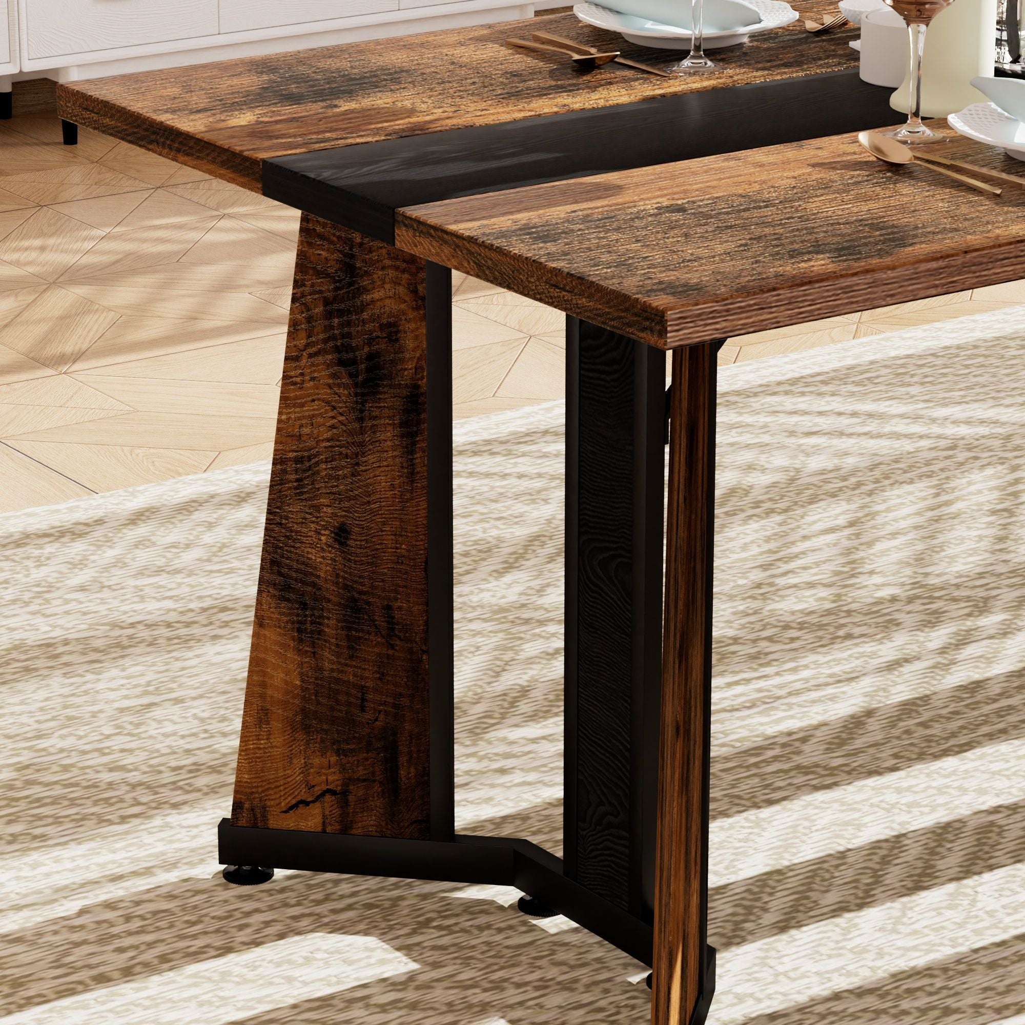 Rustic Rectangular Large Dining Table, Waterproof Desk For 8 People, & Steel With Adjustable Legs - Black / Rustic Brown by HouseOfZazla
