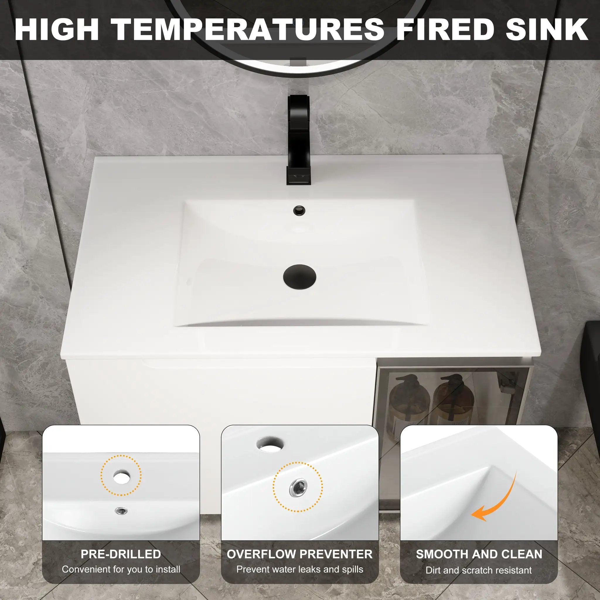 30" Wall-Mounted Bathroom Vanity With Ceramic Sink, Glossy by HouseOfZazla