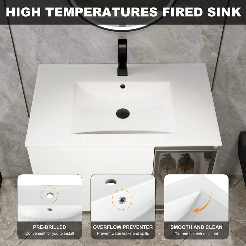 30" Wall-Mounted Bathroom Vanity With Ceramic Sink, Glossy by HouseOfZazla