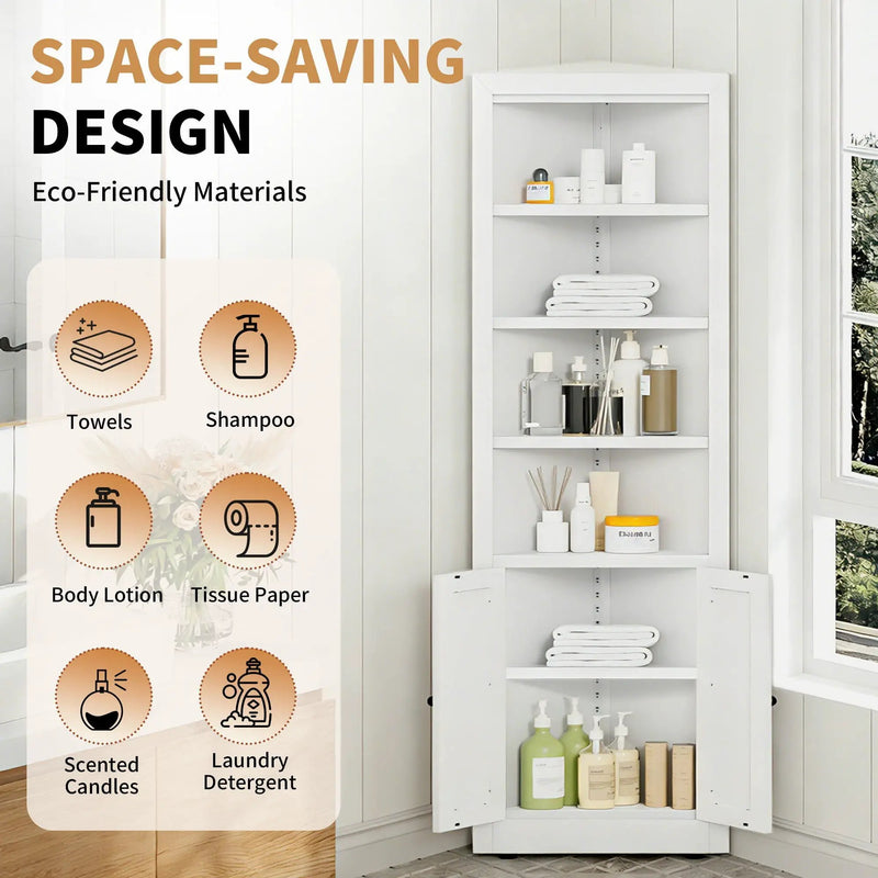 Tall Corner Storage Cabinet With 2 Doors, 5-Tier With Adjustable Shelve, Freestanding - White by Unique Piece Furniture