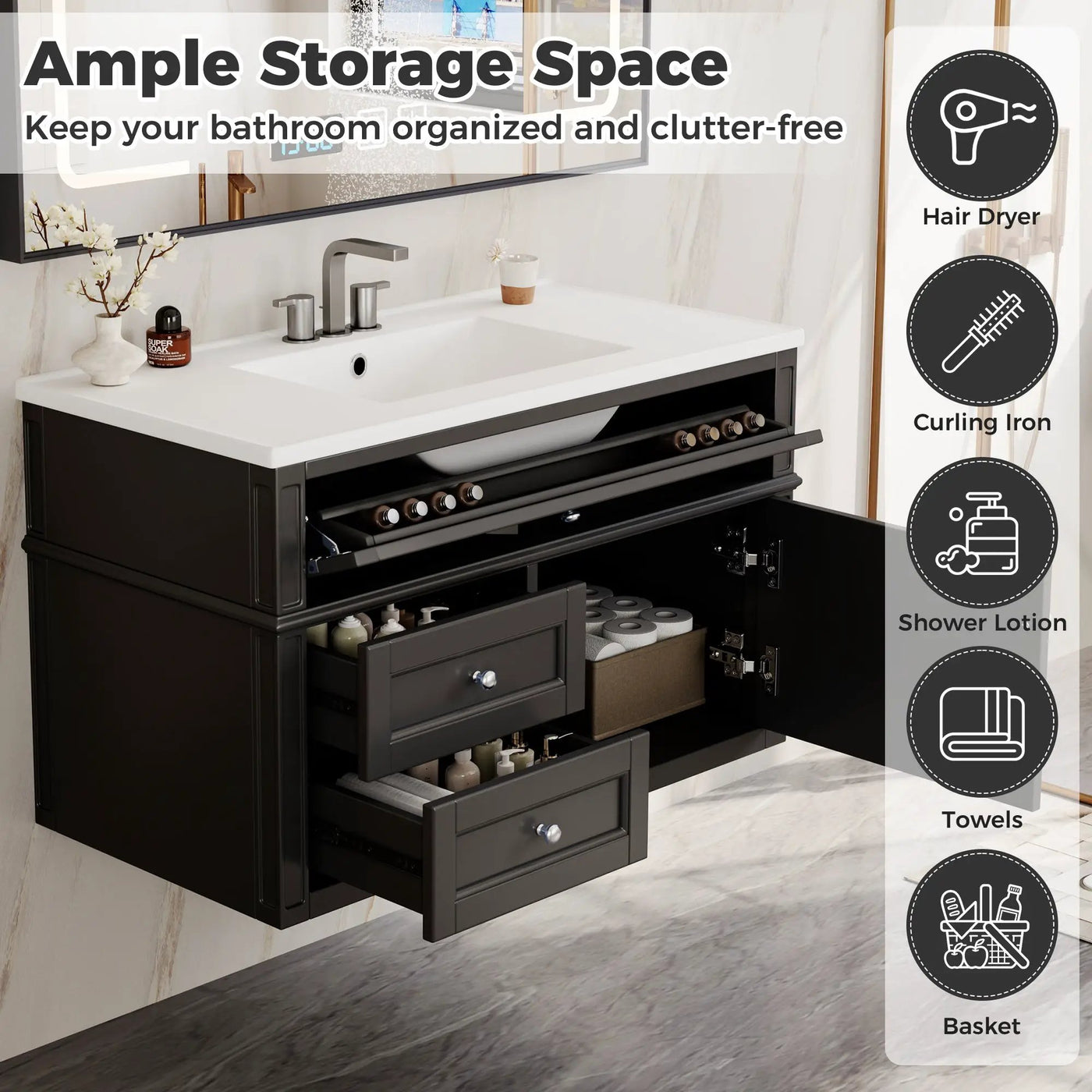 36" Wall Mounted Bathroom Vanity with Ceramic Sink and Storage by HouseOfZazla