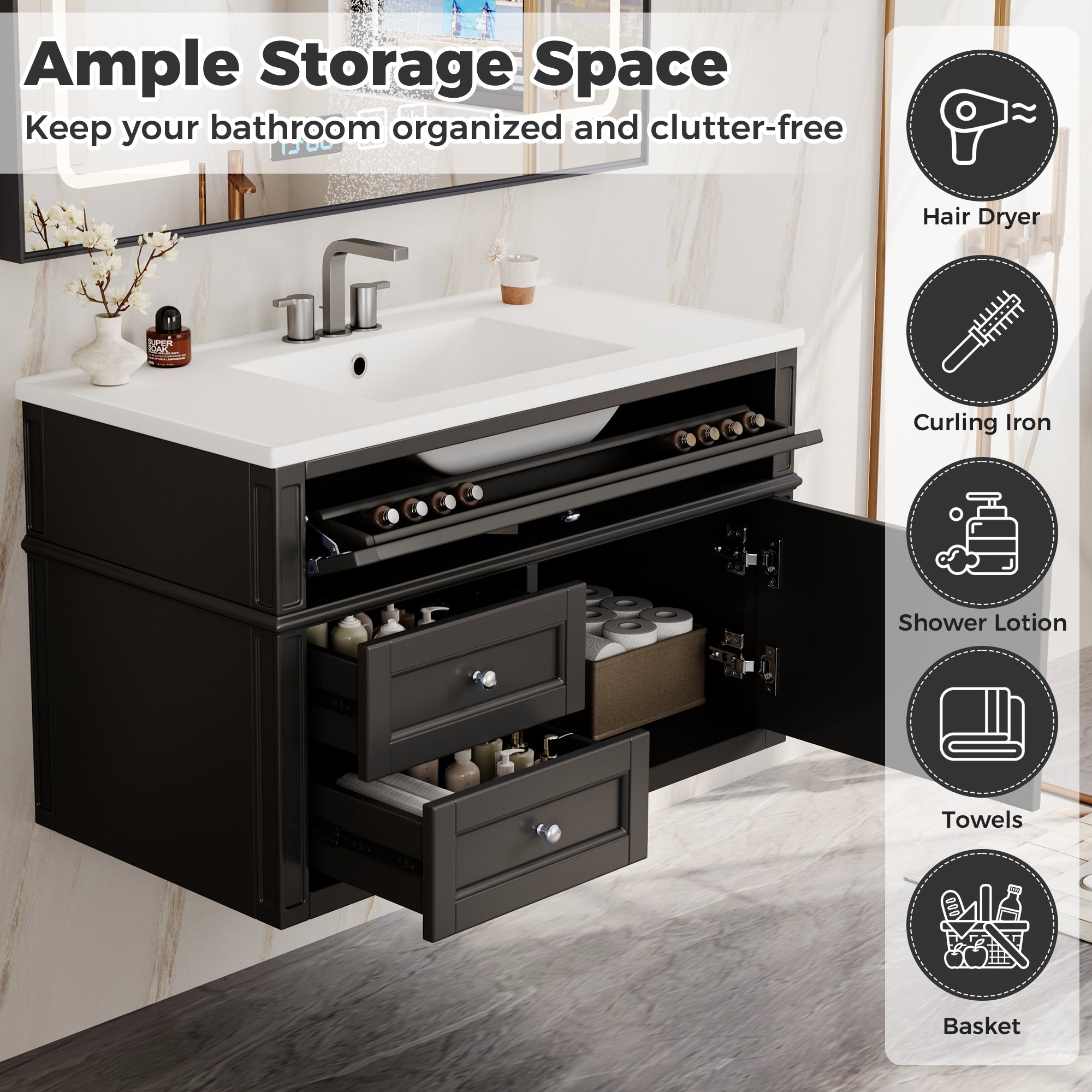 36" Wall Mounted Bathroom Vanity with Ceramic Sink and Storage by HouseOfZazla