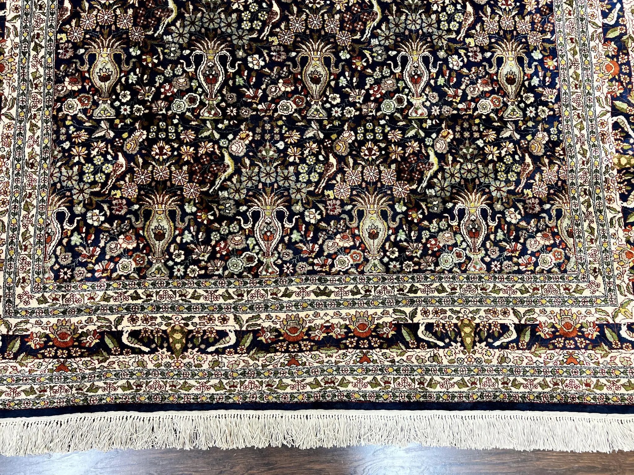 Silk Indian Kashmiri Rug 5x7, Navy Blue Indo Persian Silk Carpet 5 x 7 ft, Hand Knotted Handmade Very Fine Oriental Carpet, 450 KPSI, Birds by Jewel Rugs
