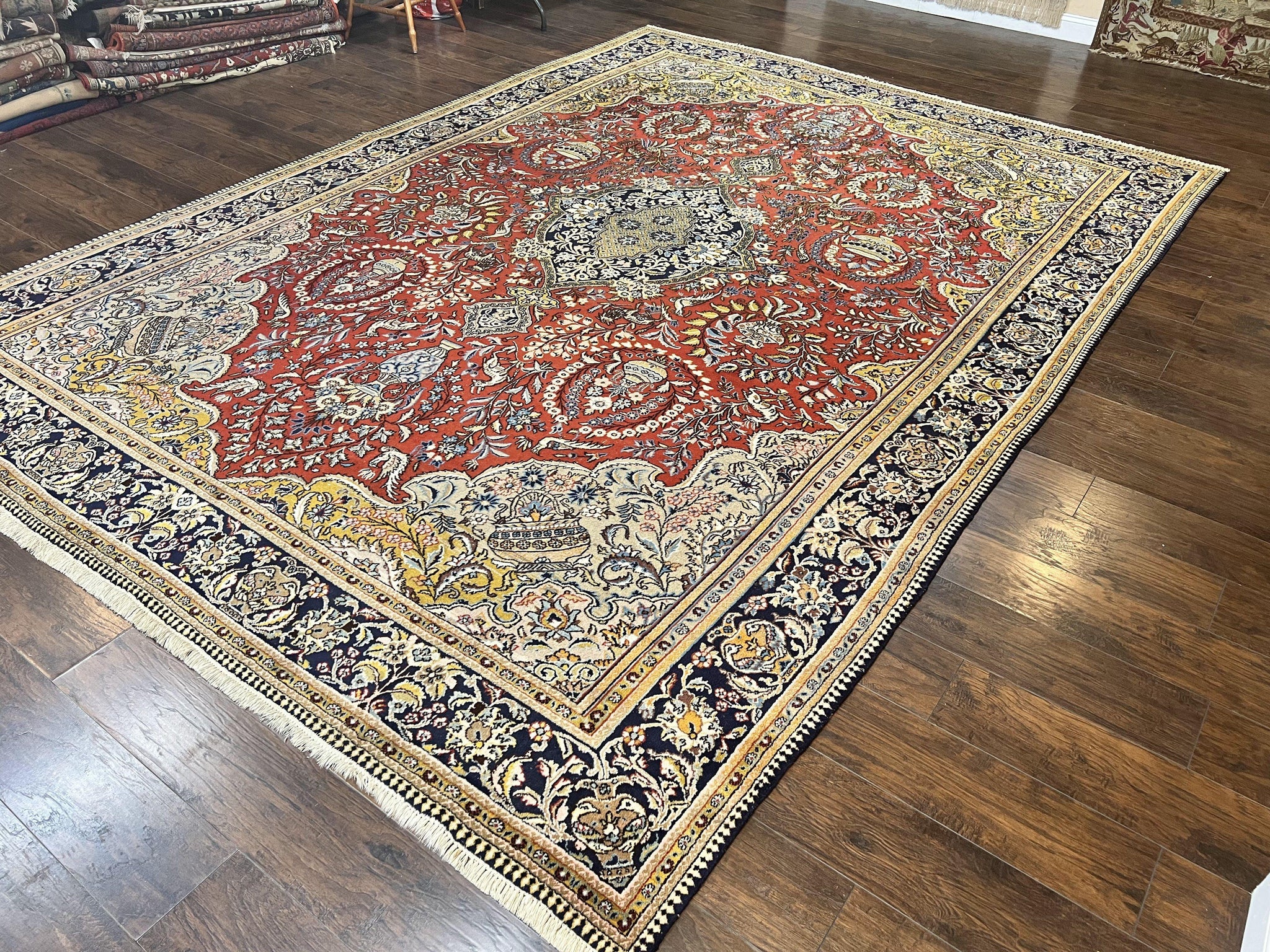 Wonderful Persian Qum Rug 10x14, Wool w/ Silk Highlights, Hand Knotted Semi Antique Vintage Carpet, Red, Floral, Fine Weave, Birds Deer Pictorials by Jewel Rugs