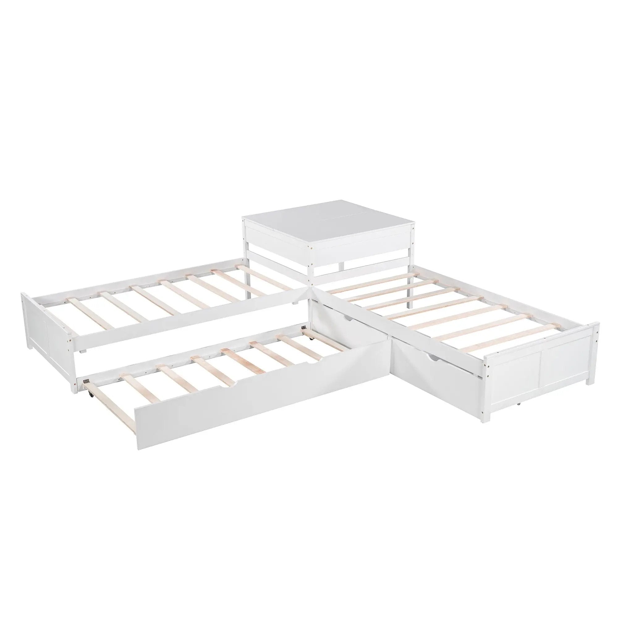 L Shaped Platform Bed With Trundle And Drawers Linked With Built In Desk by HouseOfZazla