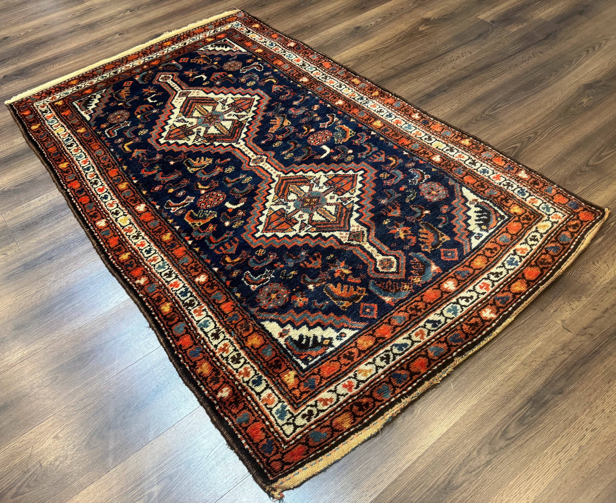 Antique Persian Hamadan Rug 4x6, Geometric, Double Medallions, Navy Blue, Tribal Carpet by Jewel Rugs