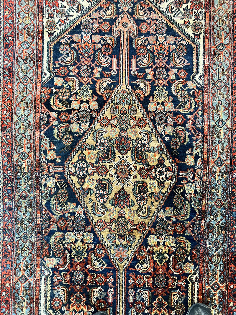 Antique Persian Runner Rug 3.7 x 15.8, Navy Blue Multicolor, Hand Knotted Handmade Wool Rug for Hallway, Geometric Medallions, Persian Hamadan Rug by Jewel Rugs