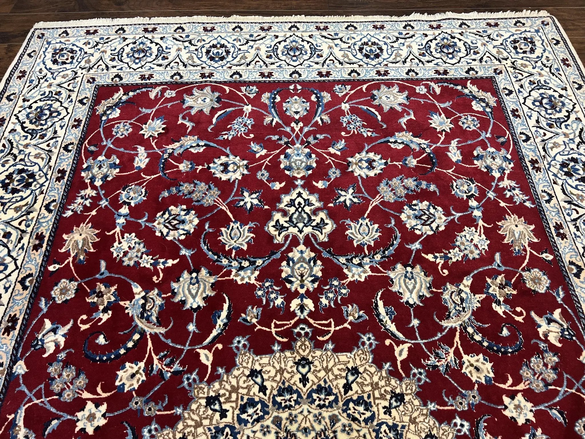 Persian Nain Rug 6x10, Wool and Silk Highlights, Red and Ivory, Floral Medallion, Vintage Handmade Hand Knotted, Fine 225 KPSI, Traditional Rug by Jewel Rugs