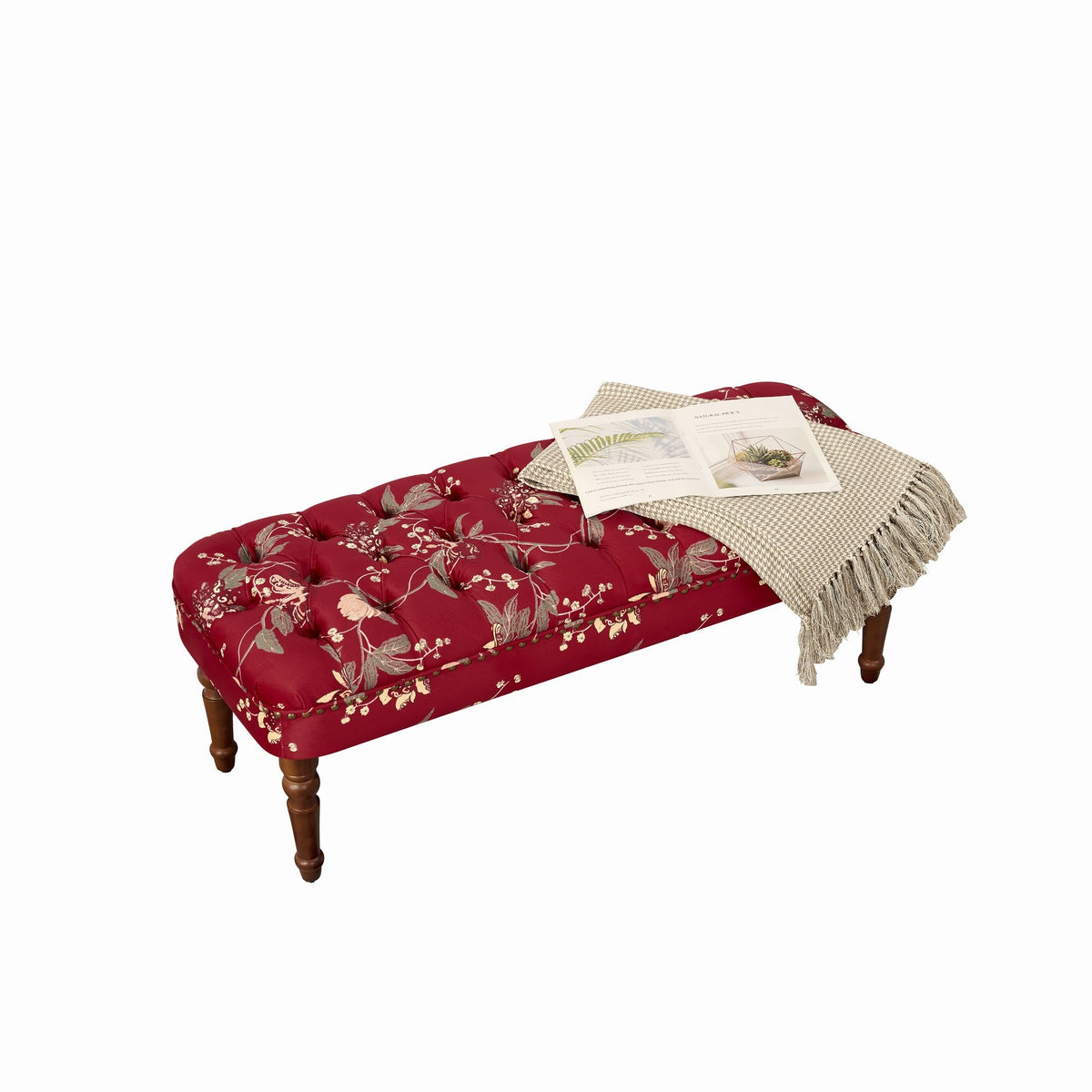 European Style Tufted Floral Bench with Turned Wood Legs - Wine Red, Green, Tiffany Blue, photo 10 of 10