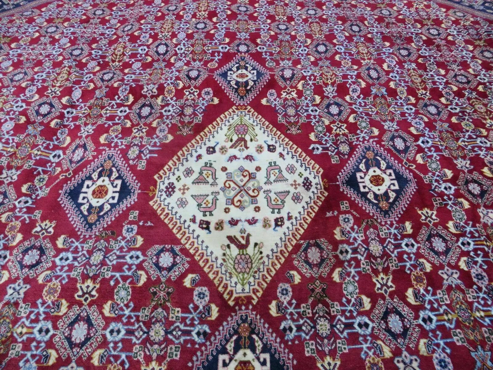 Oversized Persian Shiraz Tribal Rug 13x19, Palace Sized Oriental Carpet, Handmade Hand-Knotted X Large Rug, Red Blue Cream, Allover Herati Pattern by Jewel Rugs