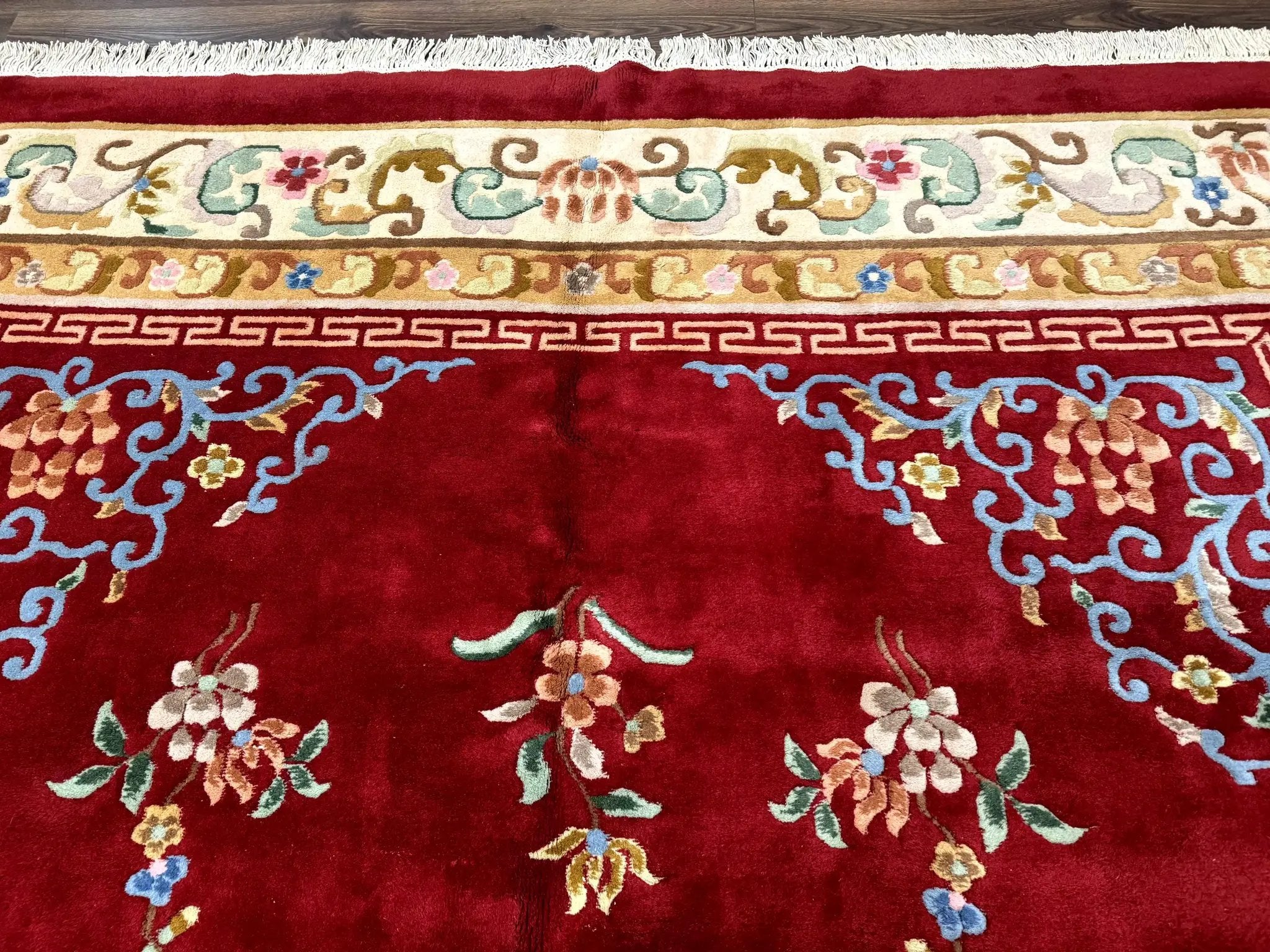 Indo Chinese Wool Rug 9x12, Red Art Deco Carpet, Vintage by Jewel Rugs
