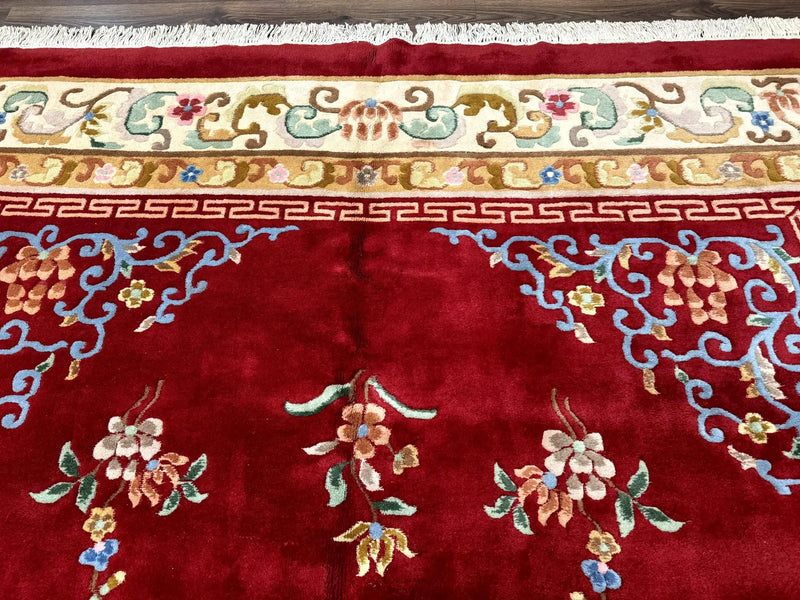 Indo Chinese Wool Rug 9x12, Red Art Deco Carpet, Vintage by Jewel Rugs