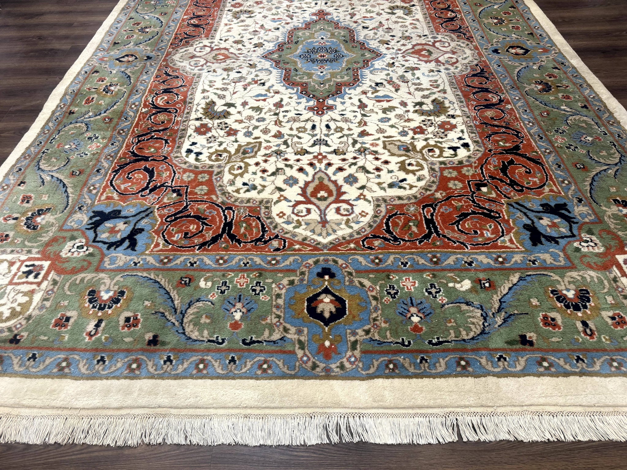 Indo Persian Rug 9x12, Ivory Red Green, Traditional Oriental Carpet by Jewel Rugs