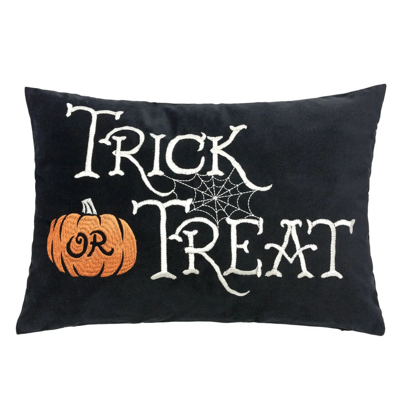 Halloween Lumbar Pillow – Embroidered ‘Trick or Treat’ Black Cushion with Insert by HouseOfZazla