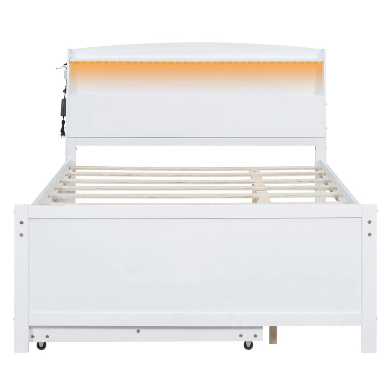 Full Size Platform Bed With Storage LED Headboard, Twin Trundle And 3 Drawers - White by Unique Piece Furniture