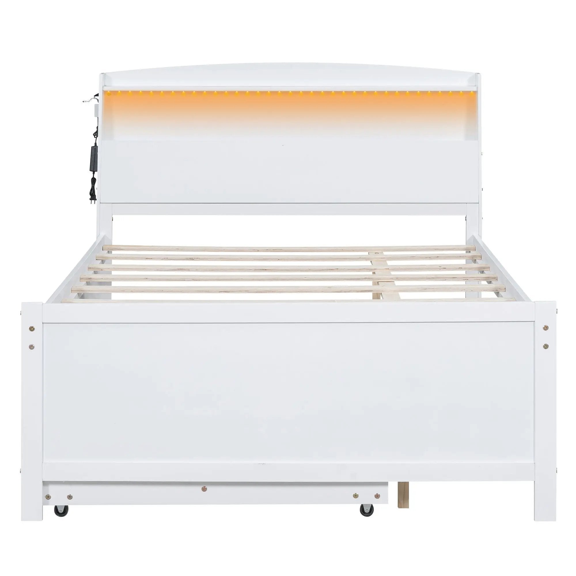 Full Size Platform Bed With Storage LED Headboard, Twin Trundle And 3 Drawers - White by HouseOfZazla