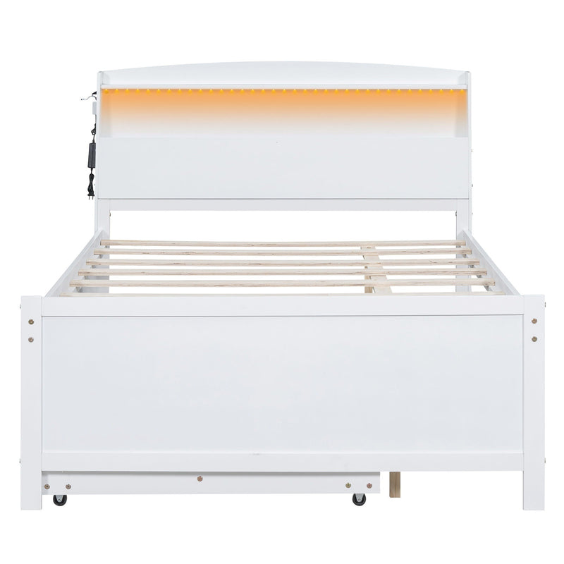 Full Size Platform Bed with Storage LED Headboard and Twin Trundle - White, photo 15 of 18