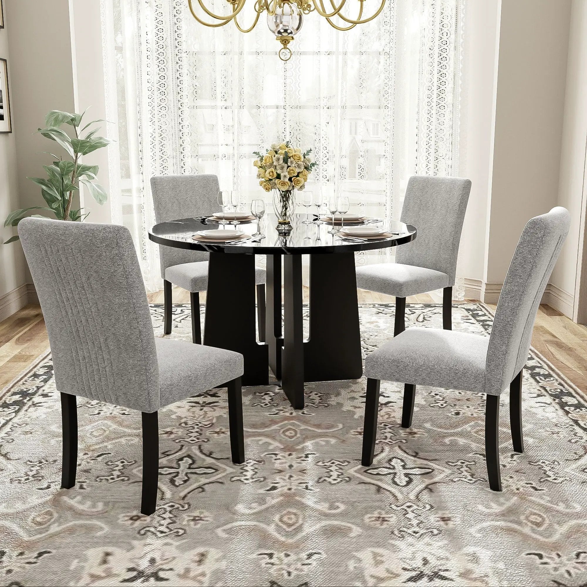 5 Piece Round Dining Table Set, Modern Table And 4 Upholstered Chairs For Dining Room by Unique Piece Furniture