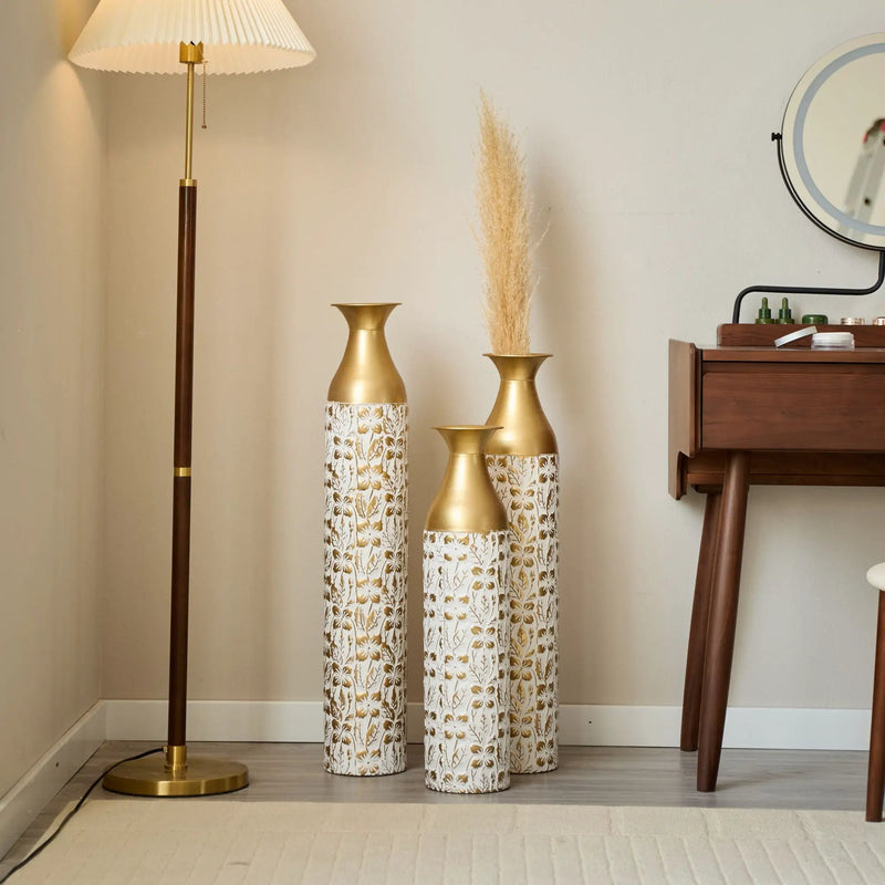 Mother's Day Gift Set Gilded White 3D Relief Flower Metal Vase Set - White / Gold by Unique Piece Furniture