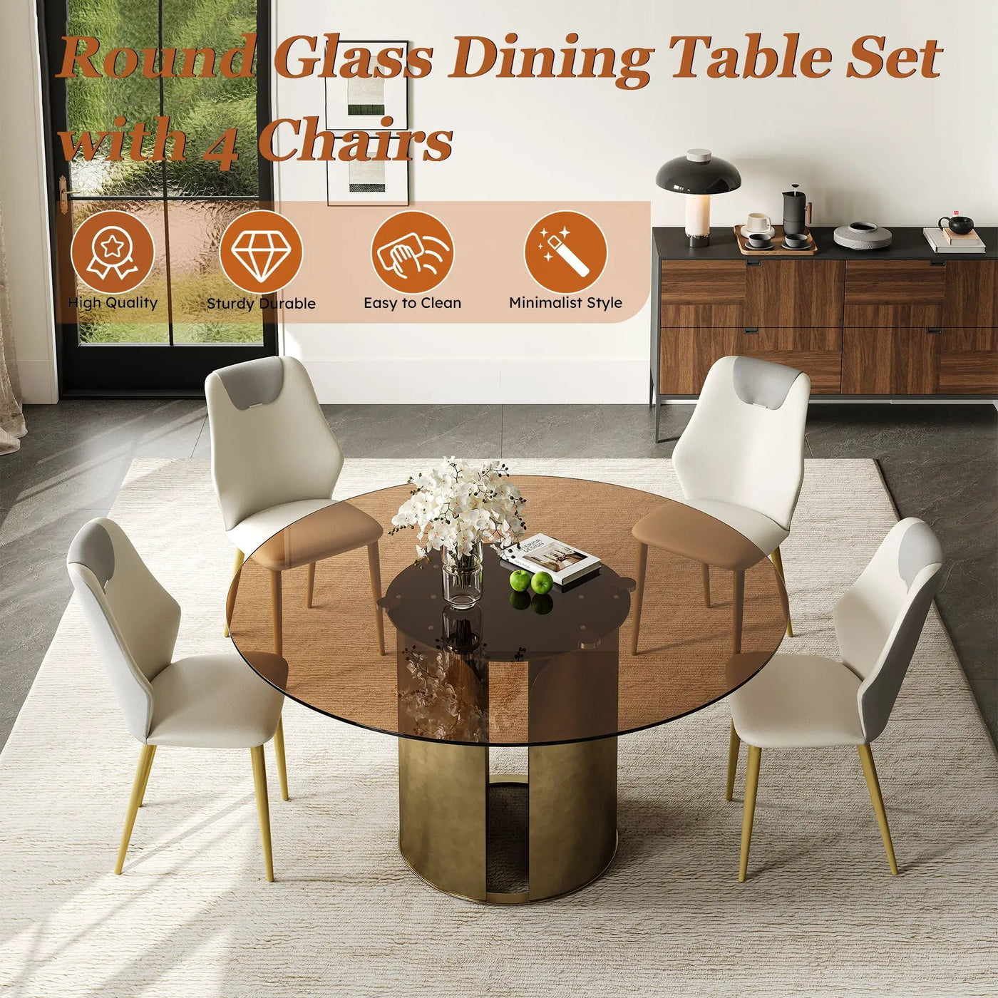 Modern Round Dining Table Set With Glass Top And Steel Legs by HouseOfZazla