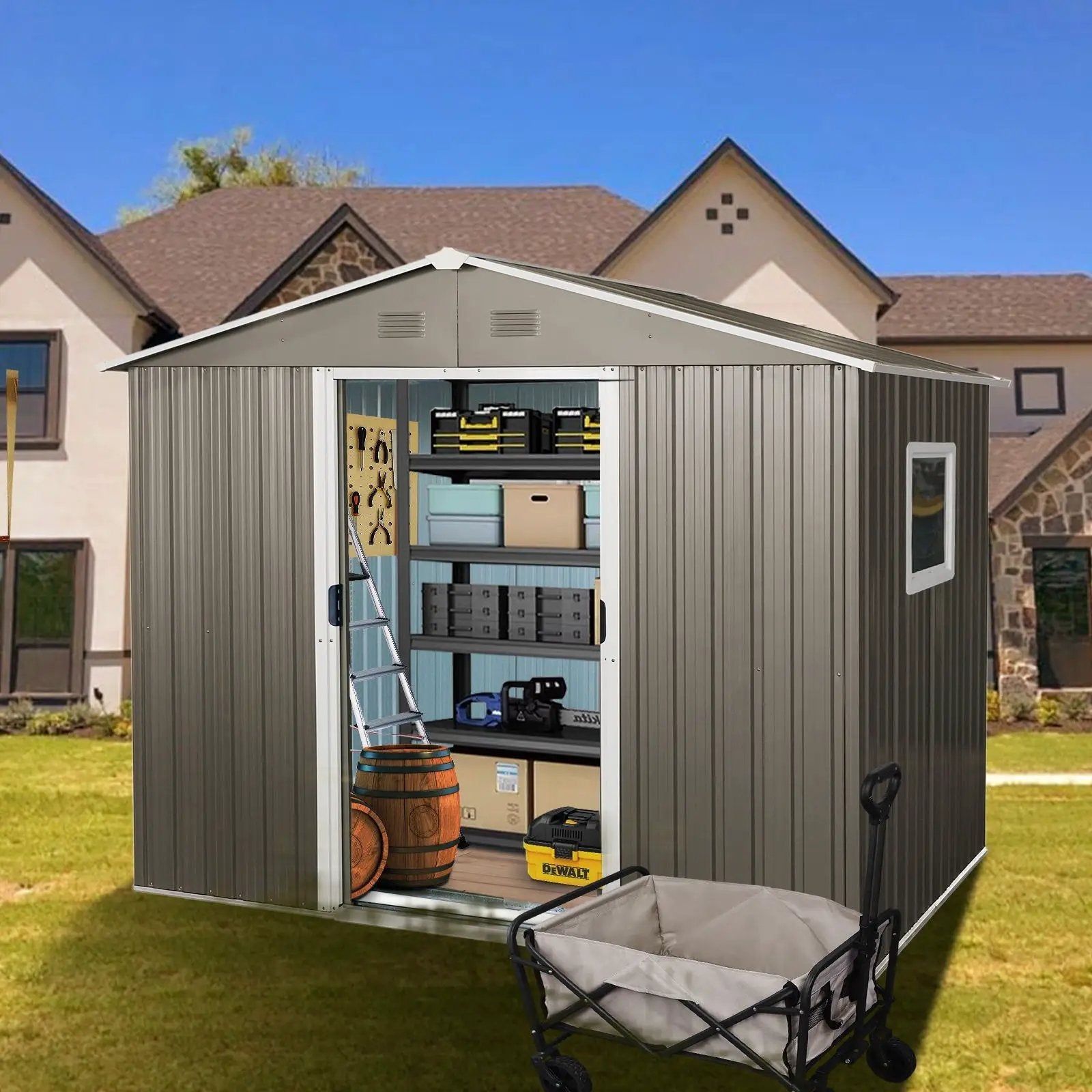 8Ft x 6Ft Outdoor Metal Storage Shed With Window (W540S00016) - Gray by HouseOfZazla