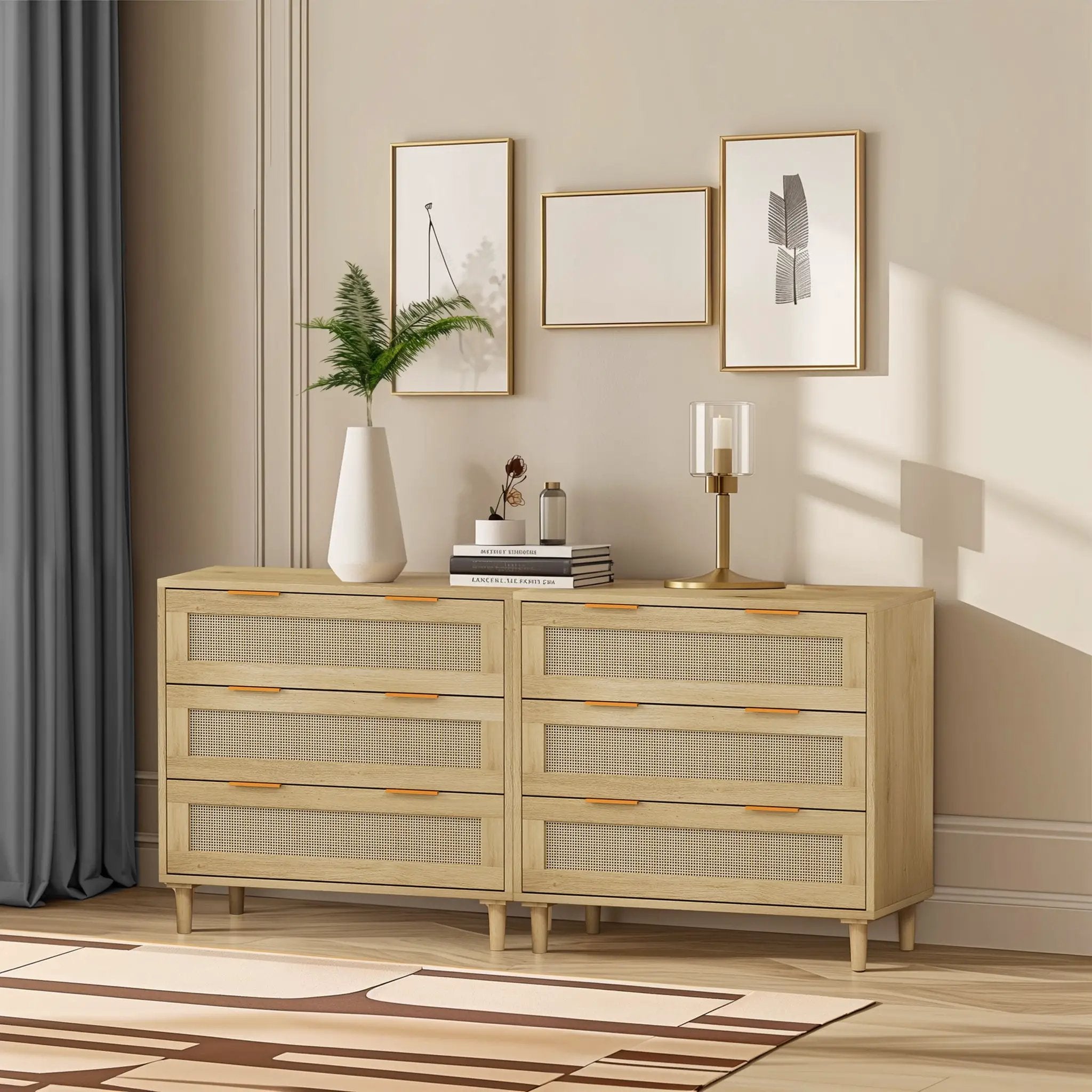 3 Drawers Rattan Storage Cabinet Rattan Drawer, For Bedroom, Living Room, Dining Room, Hallways (Set of 2) - Oak by Unique Piece Furniture