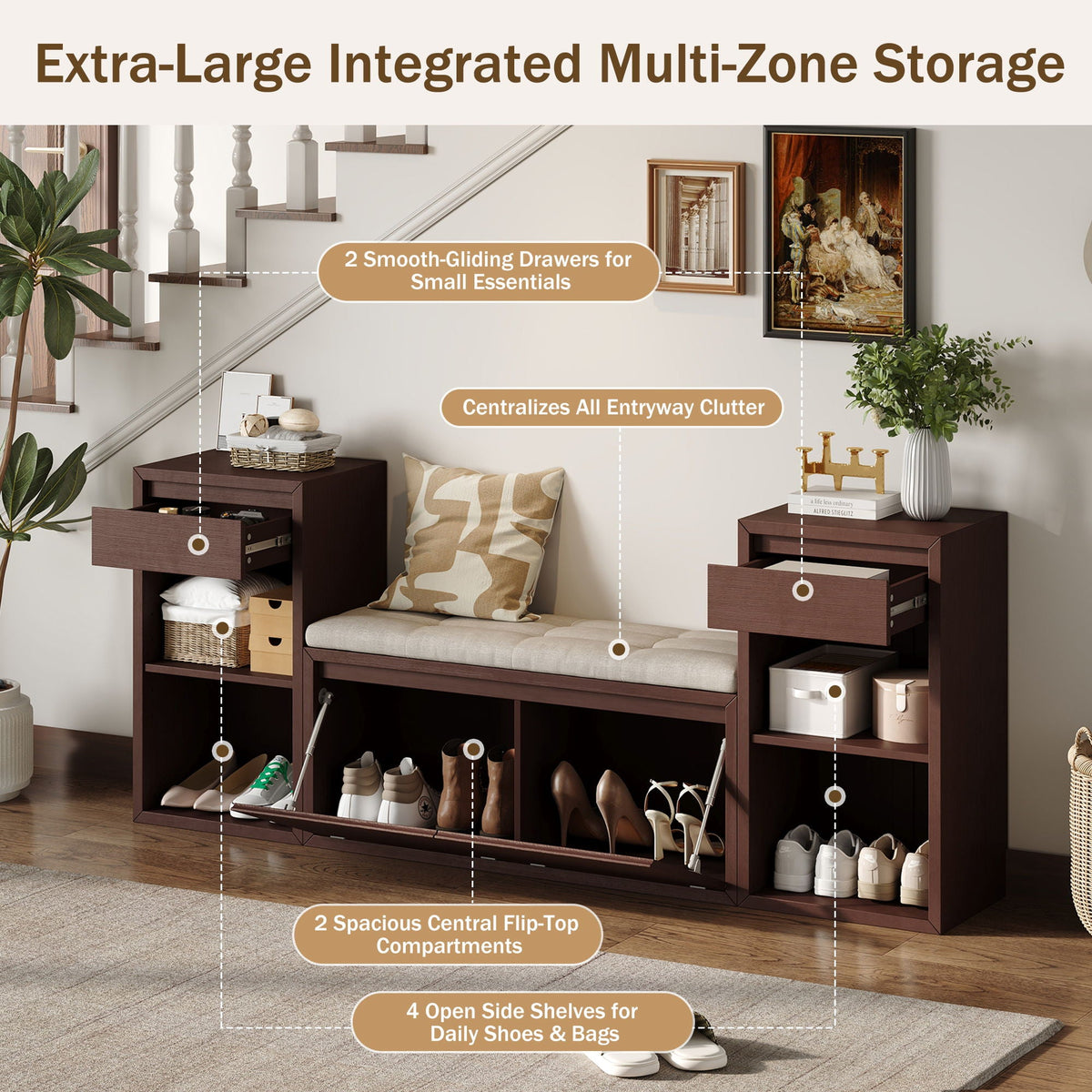 Entryway Storage Bench With Cushion, Drawers & Open Shelves, photo 23 of 25