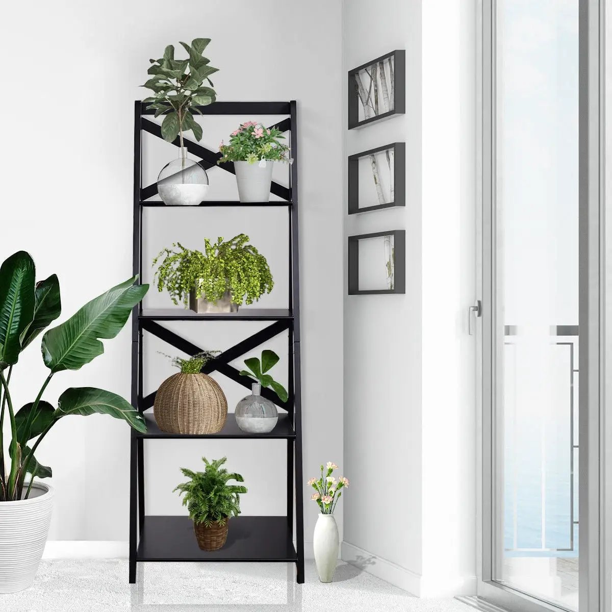 4-tier Leaning Free Standing Ladder Shelf Bookcase-White by DirectDeals
