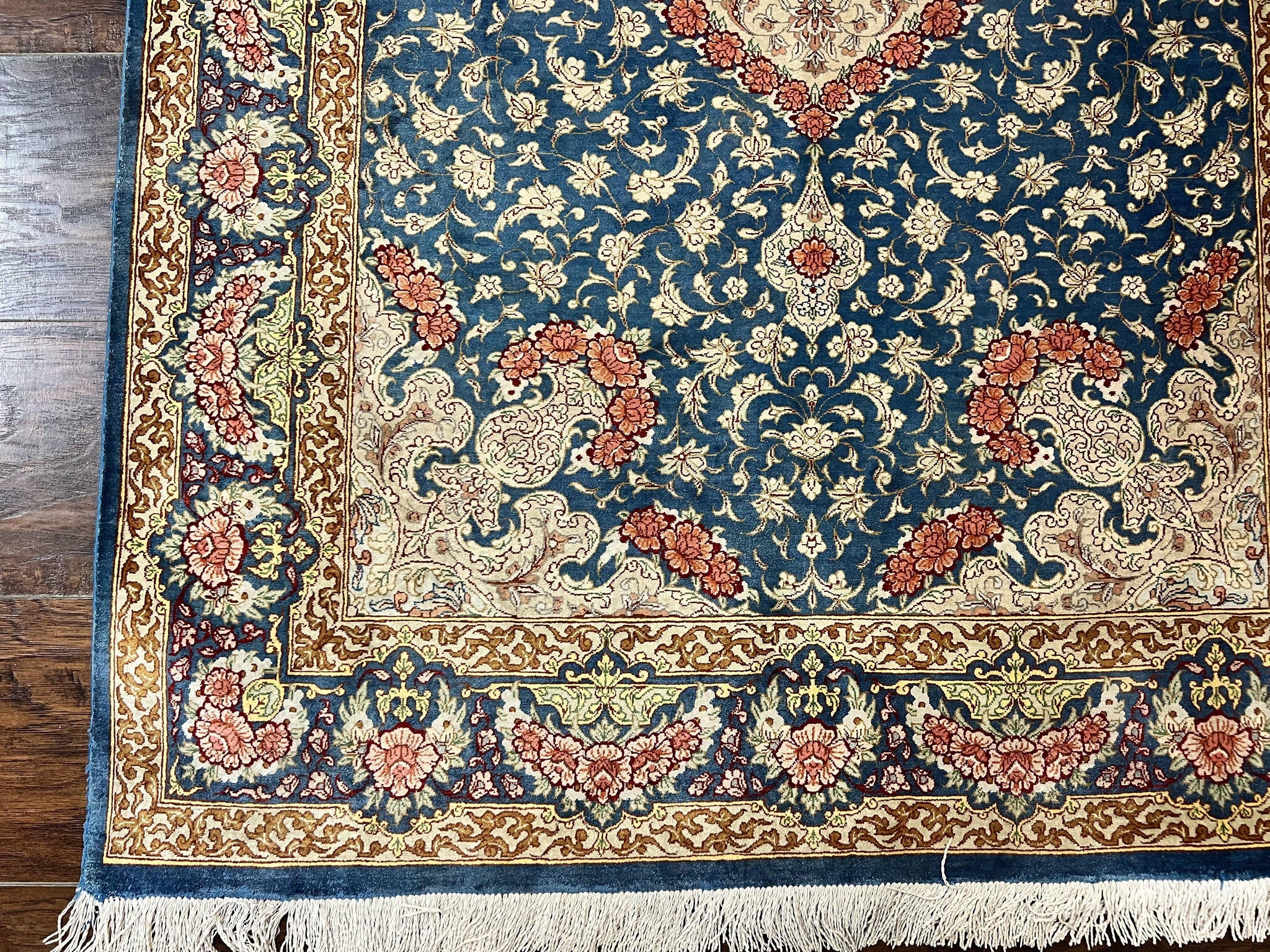 Magnificent Persian Qum Silk Rug 3x5, Blue, Super Fine 675 KPSI - 70 Raj, Floral Roses, Handmade Vintage Silk Carpet, Masterpiece by Jewel Rugs