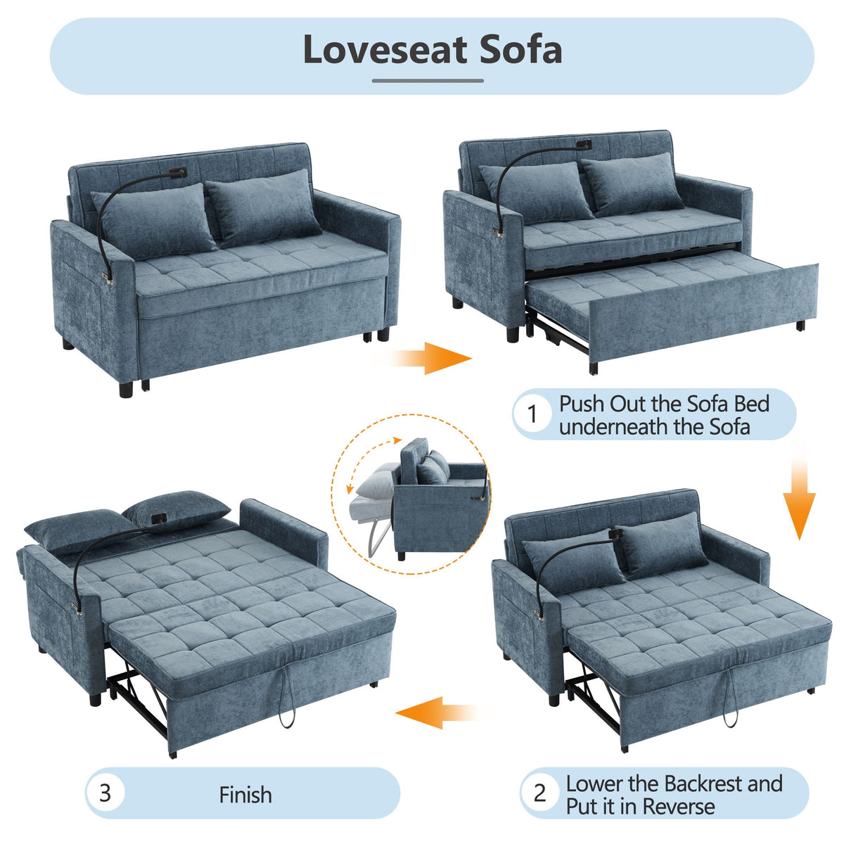 Pull-Out Sleeper Sofa With Reversible Backrest Cushion, Side Pockets, 2 USB Ports And A Phone Holder For Living Room, photo 21 of 25