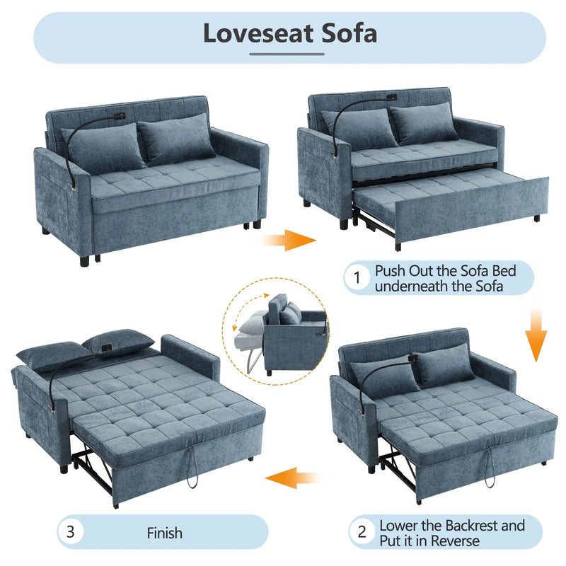 Pull-Out Sleeper Sofa With Reversible Backrest Cushion, Side Pockets, 2 USB Ports And A Phone Holder For Living Room by HouseOfZazla