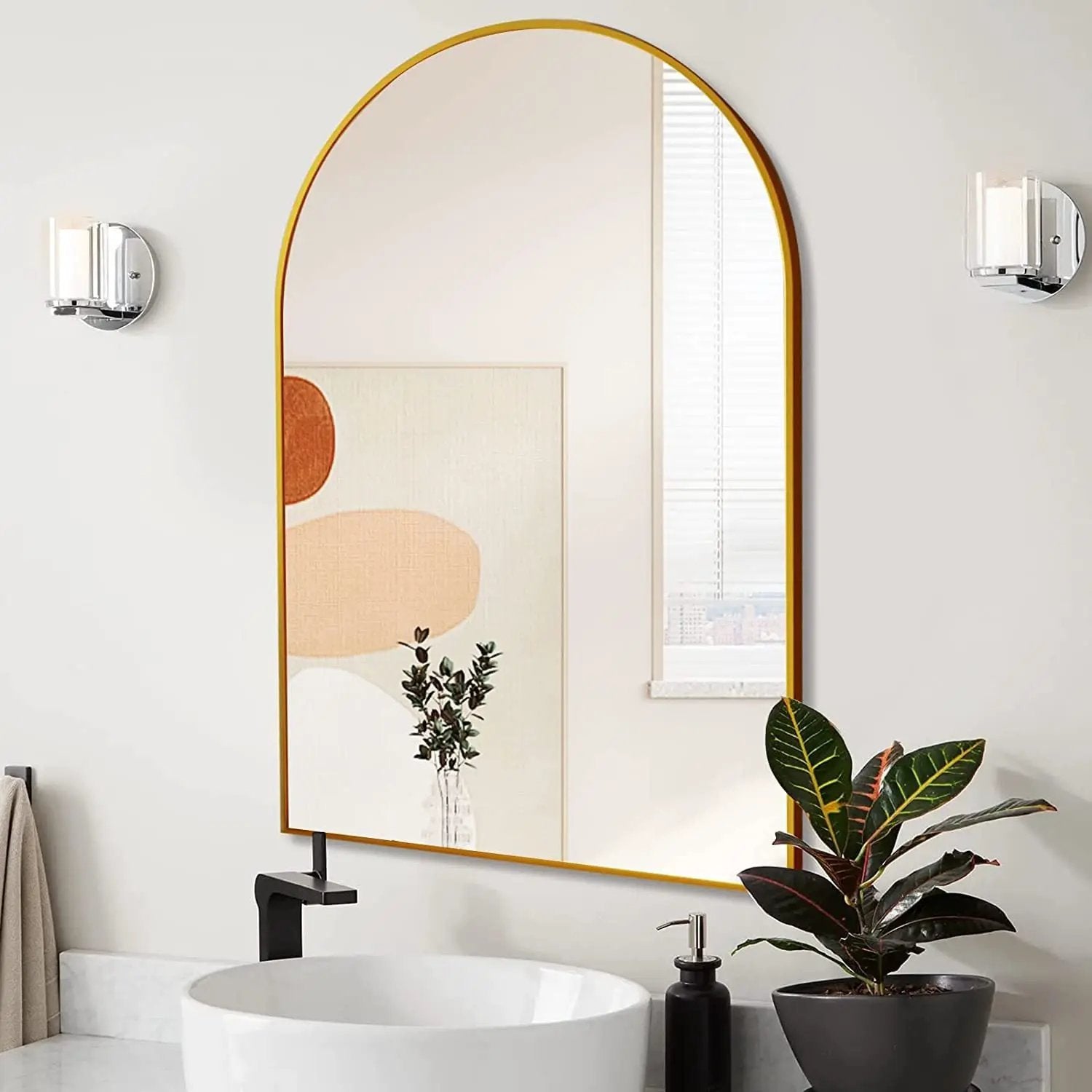 24x36 Inch Gold Metal Framed Arched Mirror by BLAKHOM