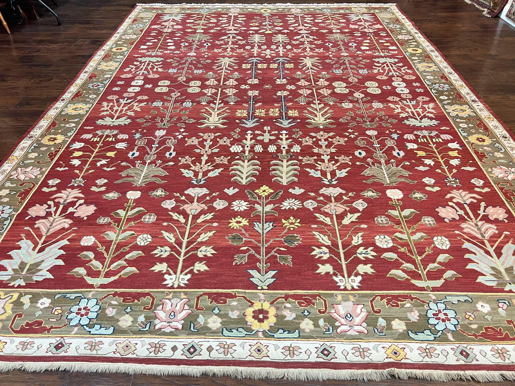 Indian Rug 10x14, Wool Hand Knotted Flatweave Carpet, Tree of Life, Red and Green by Jewel Rugs