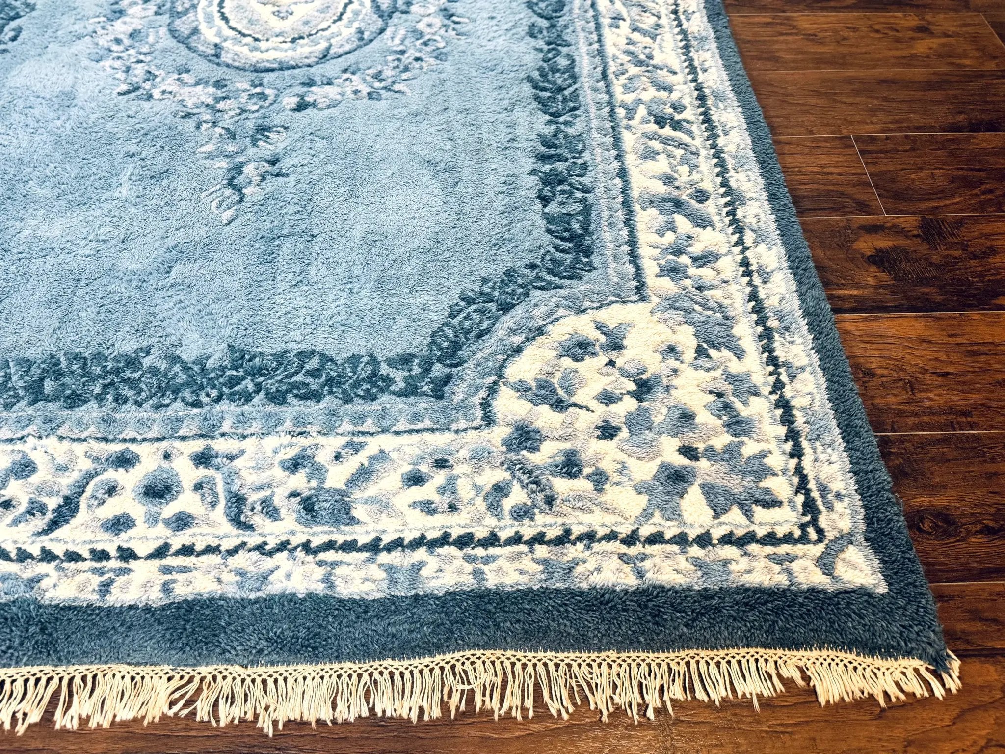 Indo Chinese Aubusson Rug 6x9, Light Blue and Ivory, Handmade Vintage Wool Carpet by Jewel Rugs