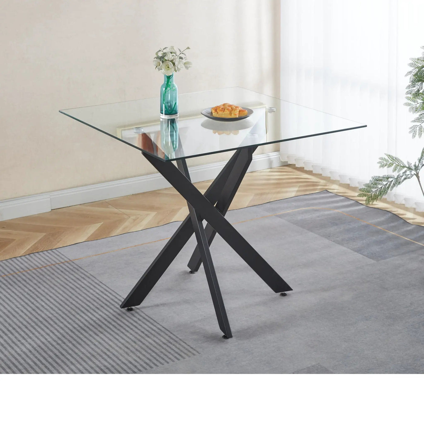 Dining Table With Cross Metal Leg And Tempered Glass, Modern Space Saving Kitchen Table For Living Room Legs, Square Table by HouseOfZazla