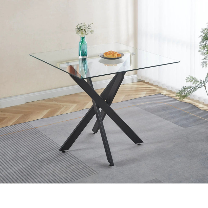 Dining Table With Cross Metal Leg And Tempered Glass, Modern Space Saving Kitchen Table For Living Room Legs, Square Table by Unique Piece Furniture