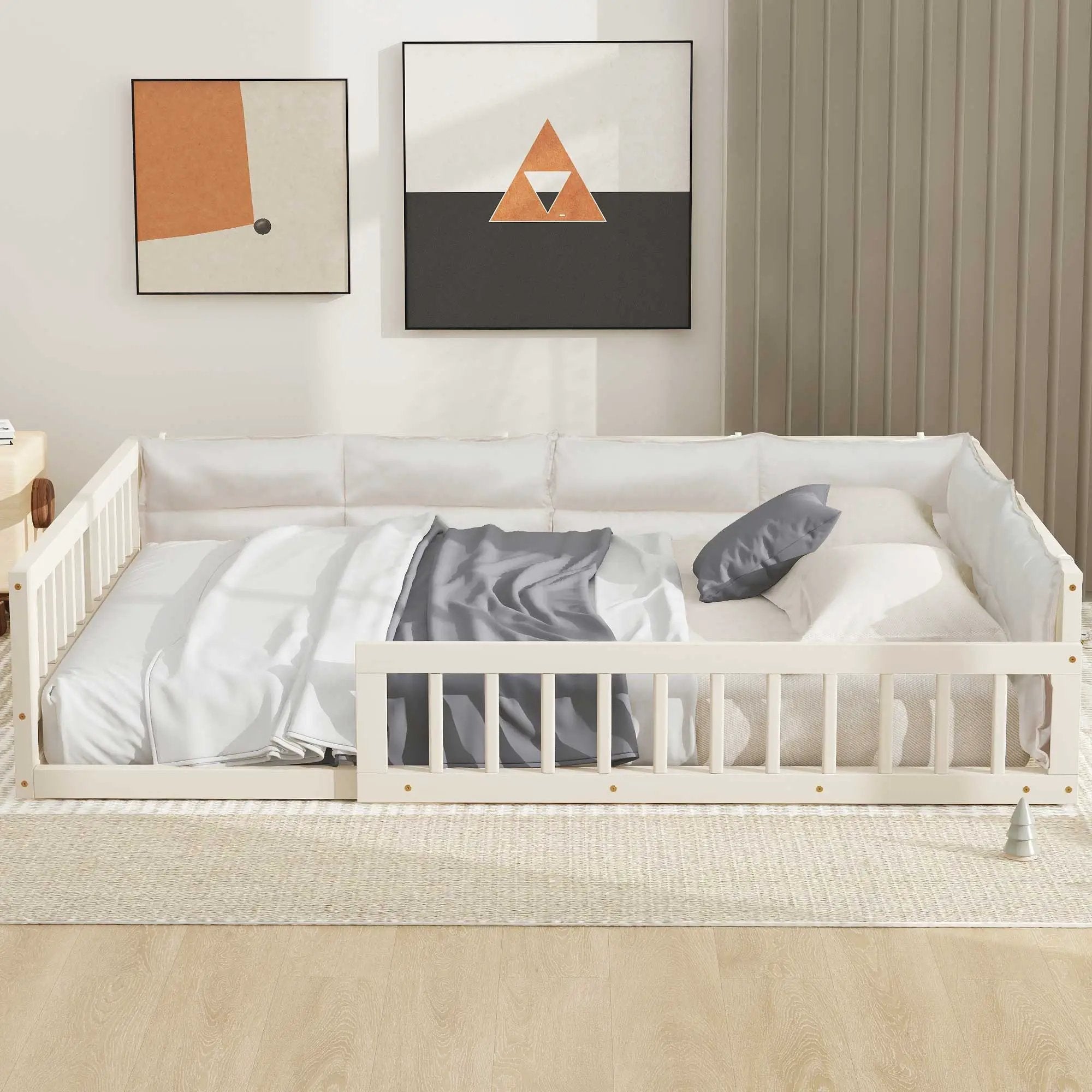 Upholstered Platform Bed With Guardrail And Pillow