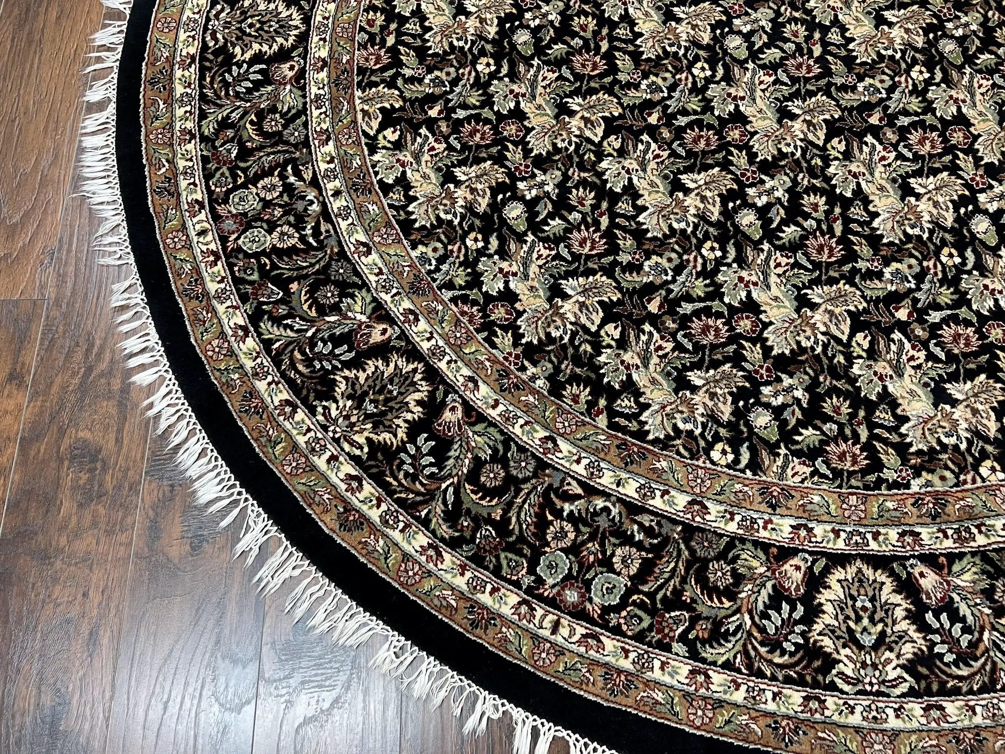 Round Oriental Rug 8x8 ft, William Morris Floral Pattern Carpet, 8 x 8 ft Round Rug, Black Cream and Tan 8ft Round Handmade Indo Persian Rug by Jewel Rugs