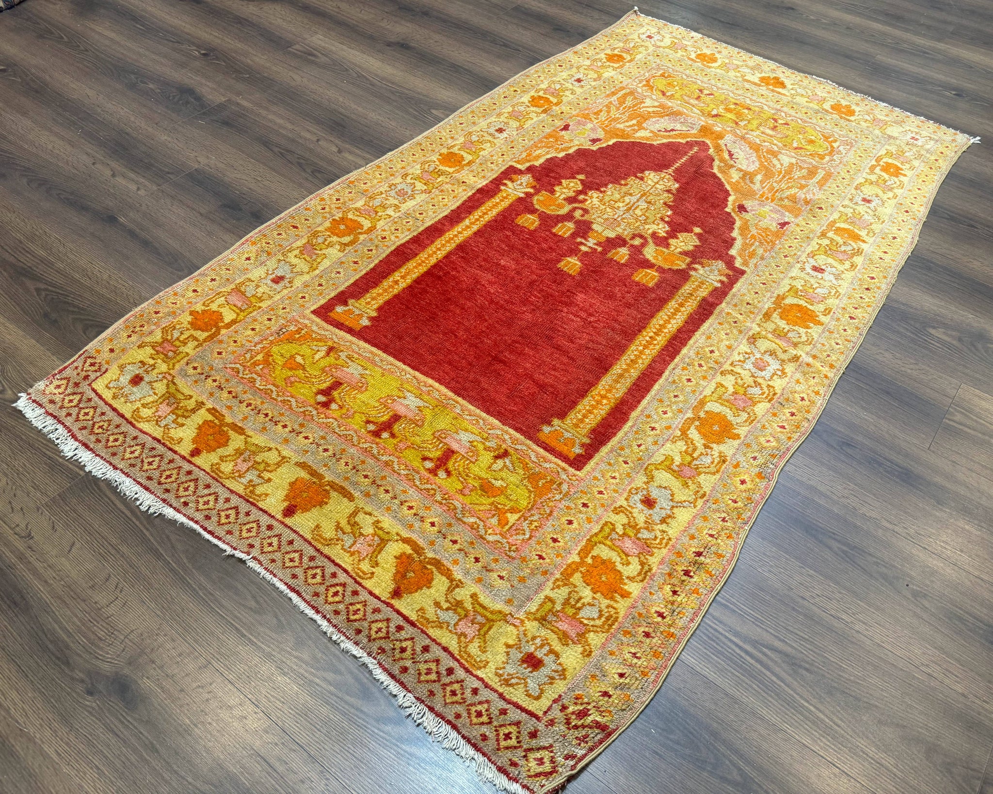 Antique Turkish Prayer Rug 4x6, Red and Golden Mustard, Mihrab Design, Anatolian Carpet by Jewel Rugs