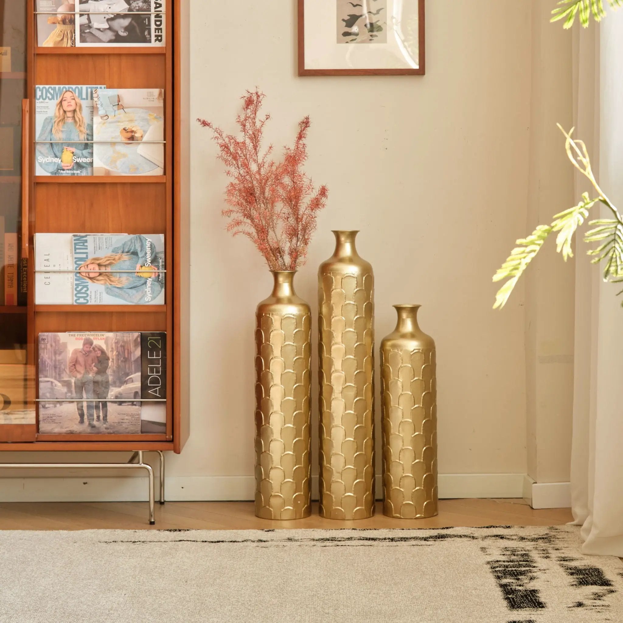 Floor Metal Vases Decorated White Metal Vases (Set of 3) Gorgeous Home Decoration Large Glazed Metal Vases - Golden by HouseOfZazla