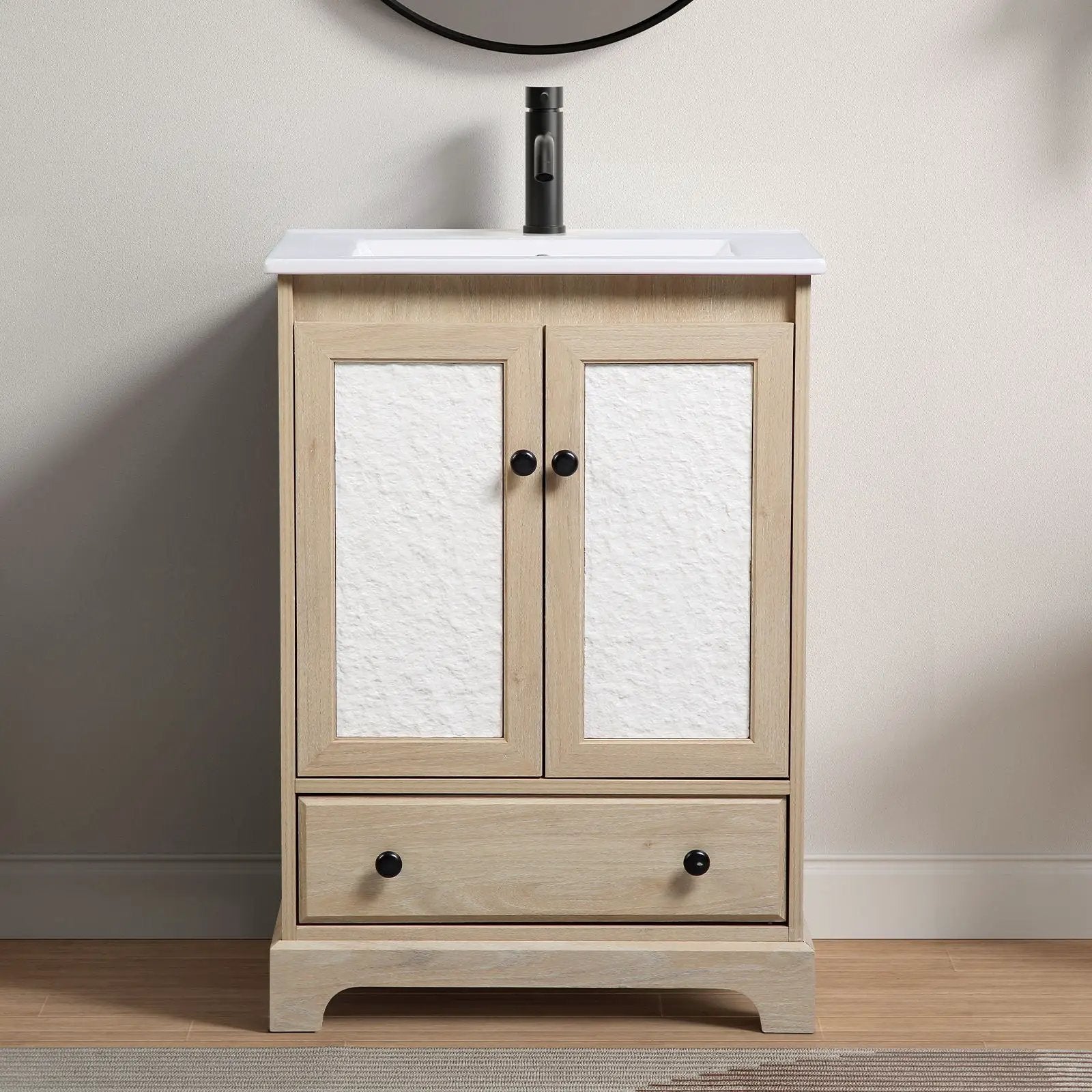 Bathroom Vanity Base, Cabinet With Carved Floral Doors - Natural Wood by HouseOfZazla