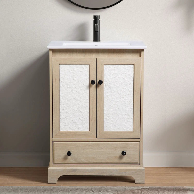 Bathroom Vanity Base, Cabinet With Carved Floral Doors - Natural Wood by HouseOfZazla