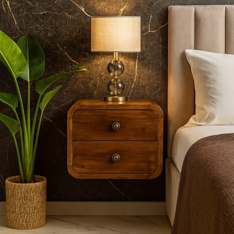 Solid Wood Floating Mini Nightstand, 2-Drawers, Chestnut by HouseOfZazla