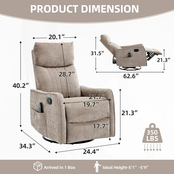 Khaki Heat Massage Manual Recliner Chair with Rocker and Swivel in Fabric for Living Room, photo 2 of 10